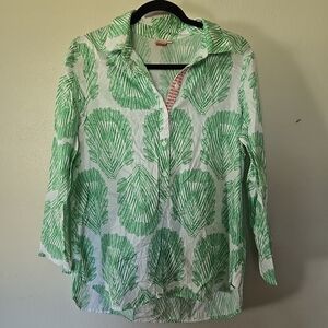 PERSIFOR Green Pemba Leaf Lightweight Cotton Blouse White Popover XL